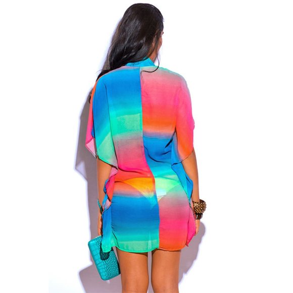Resort Ombre Rainbow Tropical Bling Caftan Tunic Cover Up - Picture 4 of 9